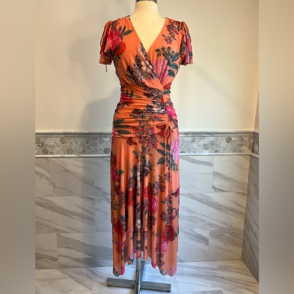 Anthropologe Maeve Peach Pink Floral Ruched Midi Dresses Size Small - Picture 1 of 11